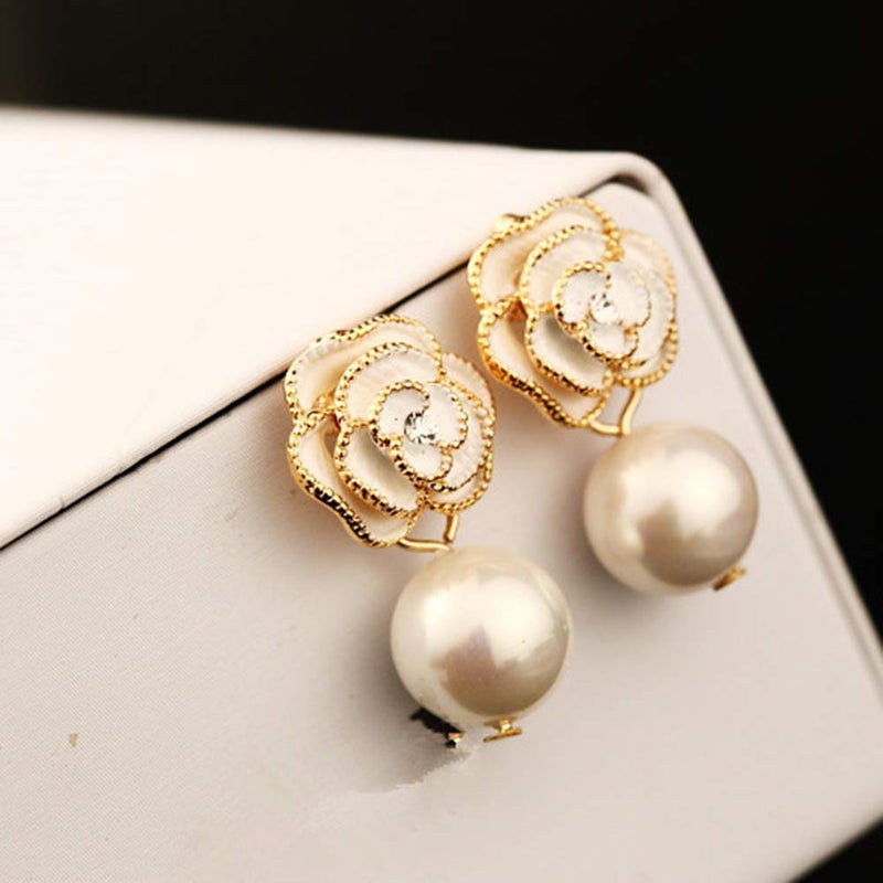 Woerda Fashion Design Faux Pearl Charm Flower Dangle Drop Earrings Studs For Women (White) - Image 5