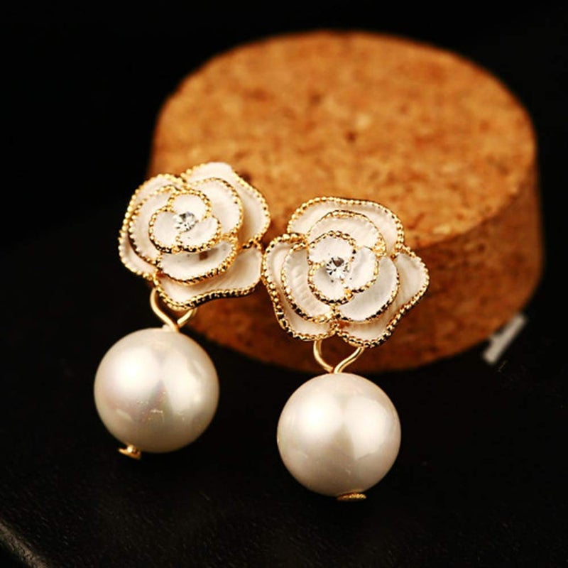 Woerda Fashion Design Faux Pearl Charm Flower Dangle Drop Earrings Studs For Women (White) - Image 3