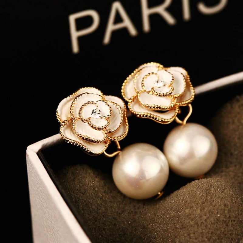 Woerda Fashion Design Faux Pearl Charm Flower Dangle Drop Earrings Studs For Women (White) - Image 4
