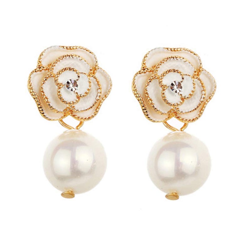 Woerda Fashion Design Faux Pearl Charm Flower Dangle Drop Earrings Studs For Women (White) - Image 1