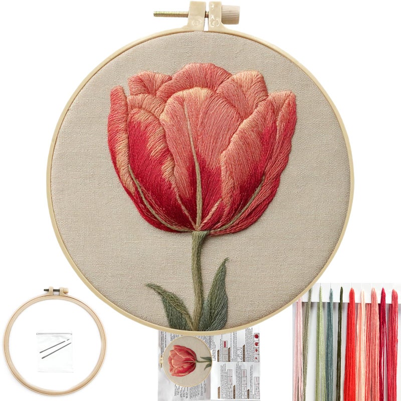 FONNUY Embroidery Kit for Beginners Tulips Flowers PreStamped Pattern Kits for Adults with Hoop Easy to Follow Color Thread Needlework 8 Hoop Red - Image 3