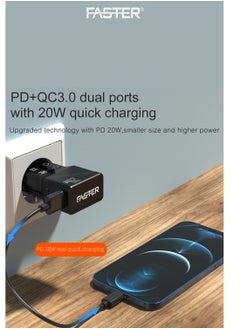 Faster 20W QC 3.0 Dual Port Fast Charger - Compact Wall Adapter for iPhone and Android - 20 Watt PD Charger Block for Mobile Phone, Portable and Fast Charging with 1 USB-C and 1 USB-A Ports  - Image 3