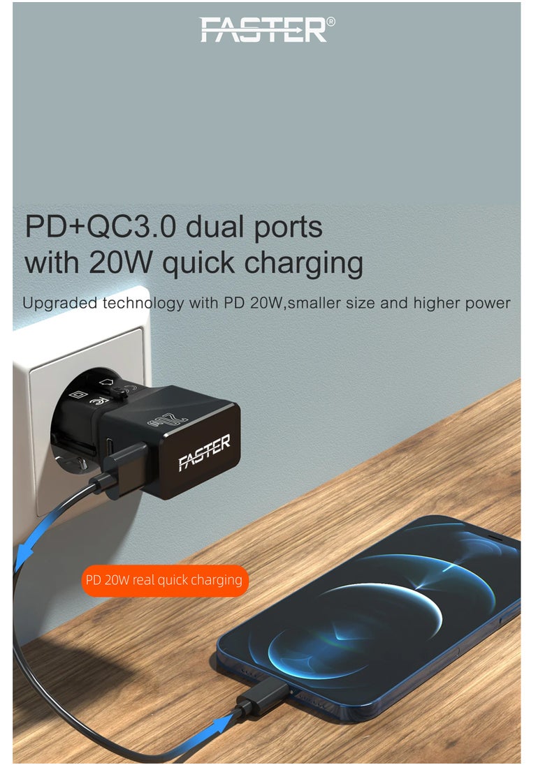 Faster - 20W QC 3.0 Dual Port Fast Charger - Compact Wall Adapter for iPhone and Android - 20 Watt PD Charger Block for Mobile Phone, Portable and Fast Charging with 1 USB-C and 1 USB-A Ports - Image 1