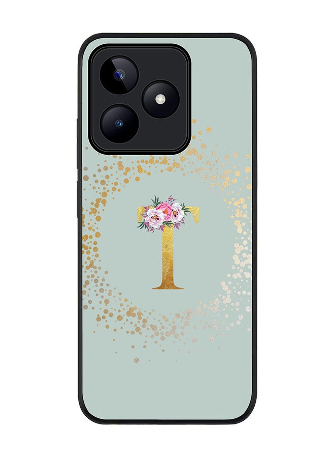 Stylizedd Rugged Black edge case for Realme C51 / Realme Note 50 4G,Custom Monogram Initial Letter Floral Pattern Alphabet - T (Light Grey) - Image 1