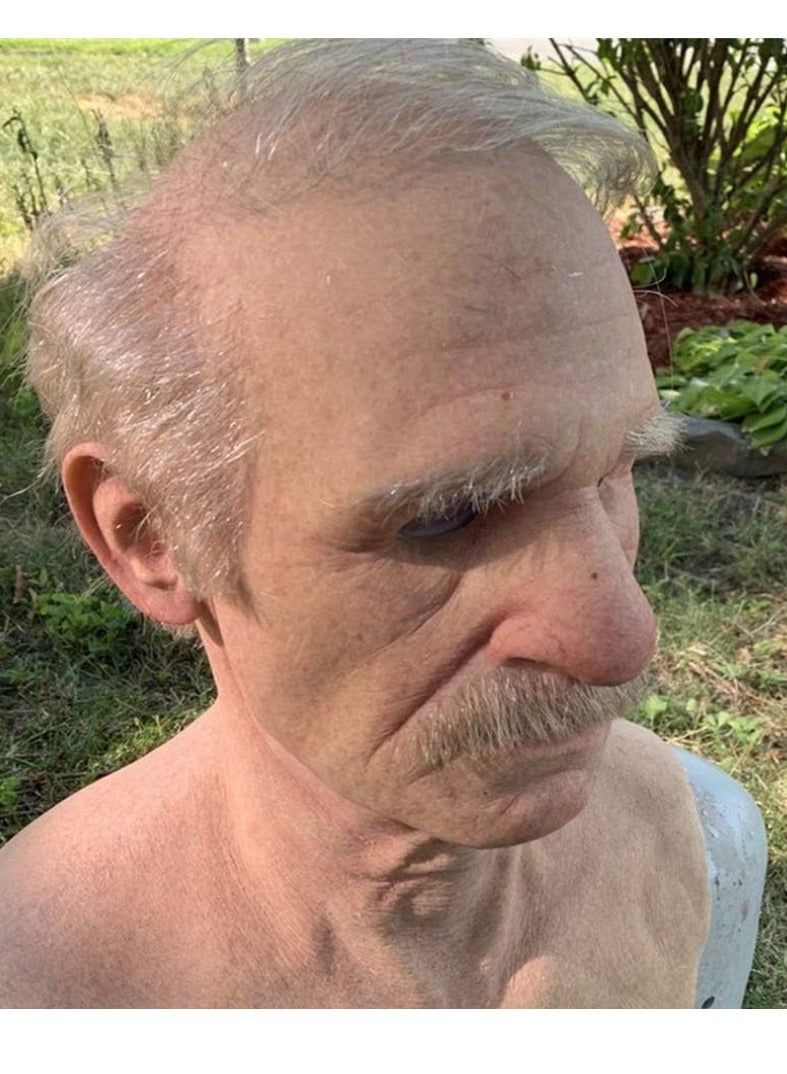 Halloween Realistic Old Man Mask Bald Man Latex Mask Realistic Face Mask Halloween Party Cosplay Party Costume Mask, Old Grandpa Shaped Latex Headgear with Wig, Realistic Latex Mask  - Image 3