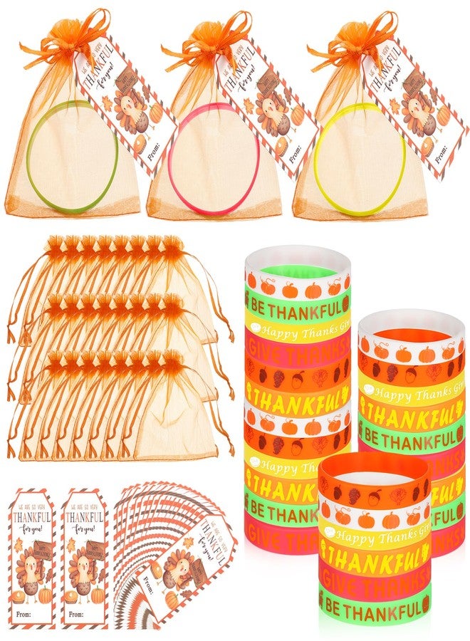 Liliful 72 Pcs Thanksgiving Fall Party Favors for Kids 24 Set Turkey Silicone Wristbands with Gift Tags and Organza Bags Thanksgiving Friendsgiving Goodie Bags for Classroom Students(Fall Style) - Image 1