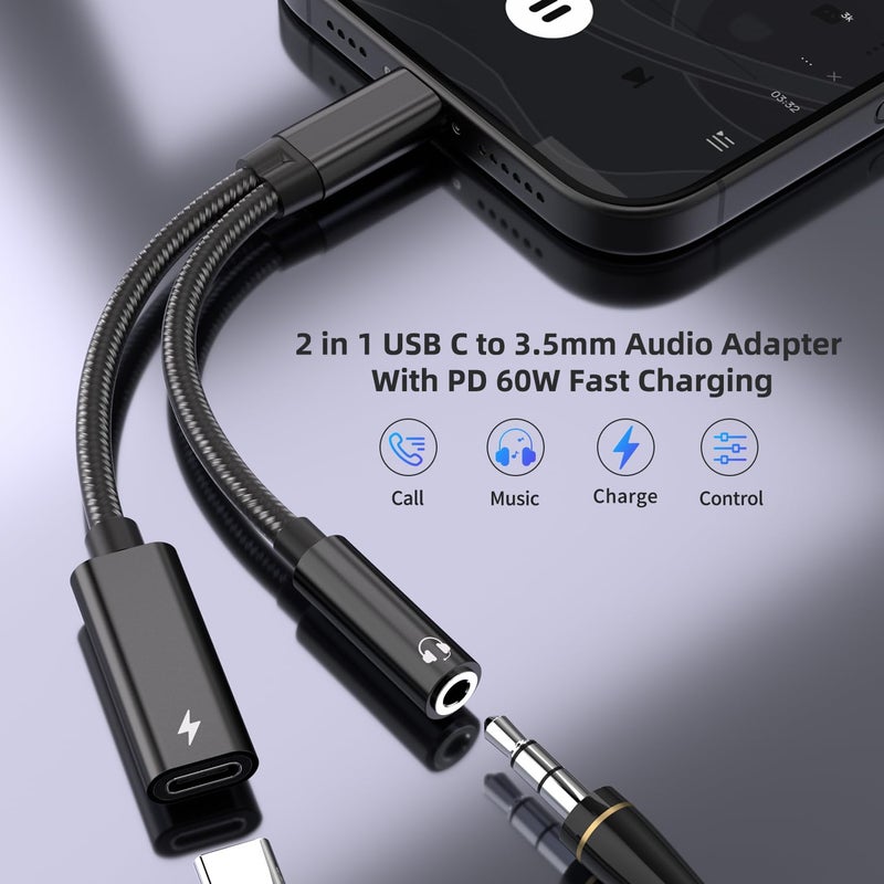 Mxcudu USB C to 3.5mm Headphone and Charger Adapter, 2 in 1 USB C to Aux Audio Adapter & 60W Fast Charging Dongle Compatible with iPhone 16/16 Pro/15, Galaxy S25/S24/S24 Ultra/S23, Pixel 8, iPad Pro - Image 2