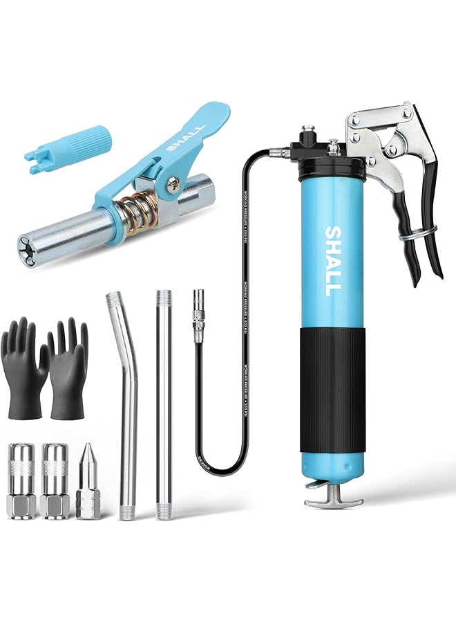 SHALL Grease Gun, 7000 Psi Heavy Duty Pistol Grip Grease Gun Kit W/Grease Gun Coupler, 18” Spring Flex Hose, Reinforced Coupler, 2 Extension Rigid Pipe, Sharp Nozzle, Fittings Cleaner | 14Oz Load  - Image 1