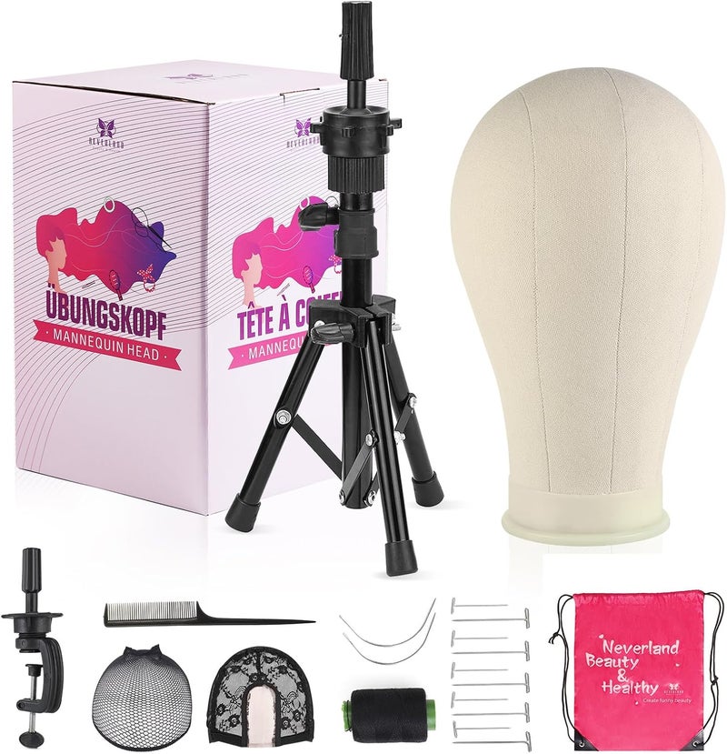 Neverland Beauty & Health 22 Inch Wig Head Mannequin Head with Wig Stand Tripod,Manikin Canvas Head Set for Wigs Making Display with Wig caps,T Pins Set Bristle Brush