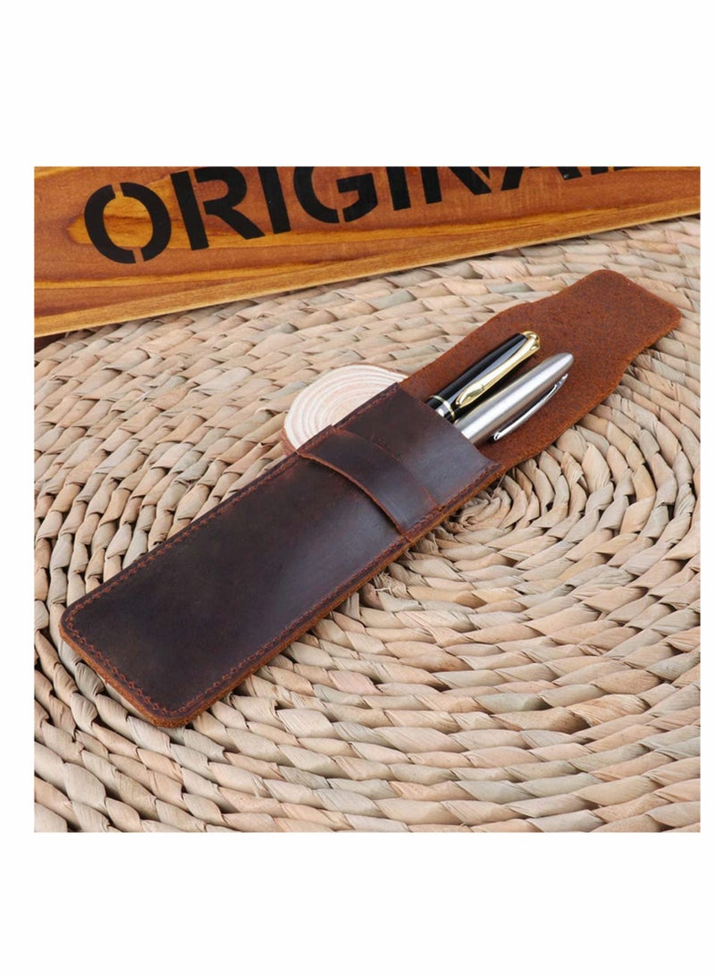 KASTWAVE Genuine Leather Pen Case Holder Handmade Fountain Multi Pens Pouch Crazy Horse Leather Pen Protective Sleeve Cover 2 Pack – Brown (Pen Not Include)  - Image 4