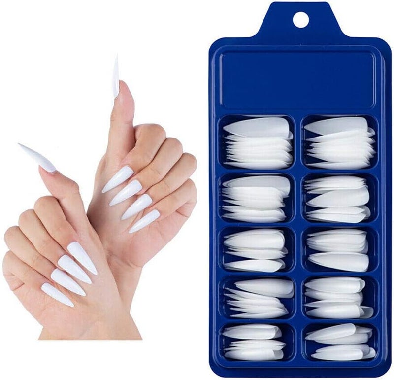 Amni 100 x Natural Look False Nail Tips 10 Sizes Matte Full Cover Long StilettoPointy Fake Nails Art Manicure UK WHITE POINTY NAILS