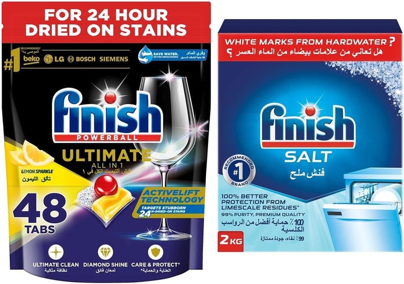 Powerball Ultimate All in 1, Dishwasher Detergent Tablets for Clean & Diamond Shine, Lemon Sparkle, 48 Tabs + Dishwasher Salt - 2 Kg - Image 3