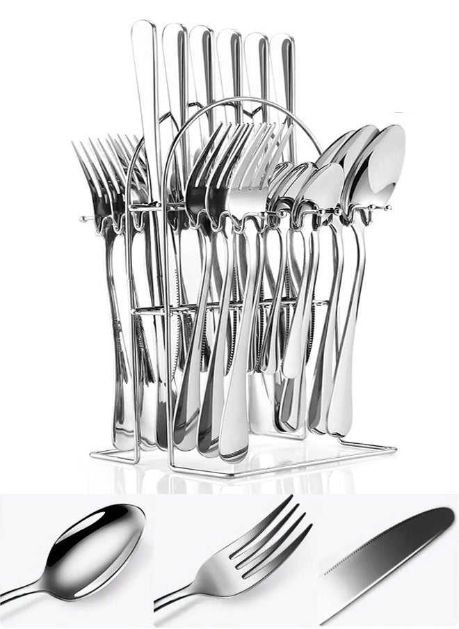 wowofa 24 Pieces Flatware Set with Holding Stand, Stainless Steel Cutlery Set Flatware Utensils Including Dinner Knife,Fork,Spoon Teaspoon and Holder Suitable for 6 people, household kitchen dining table utensils, dinner use, dishwasher safety  - Image 1