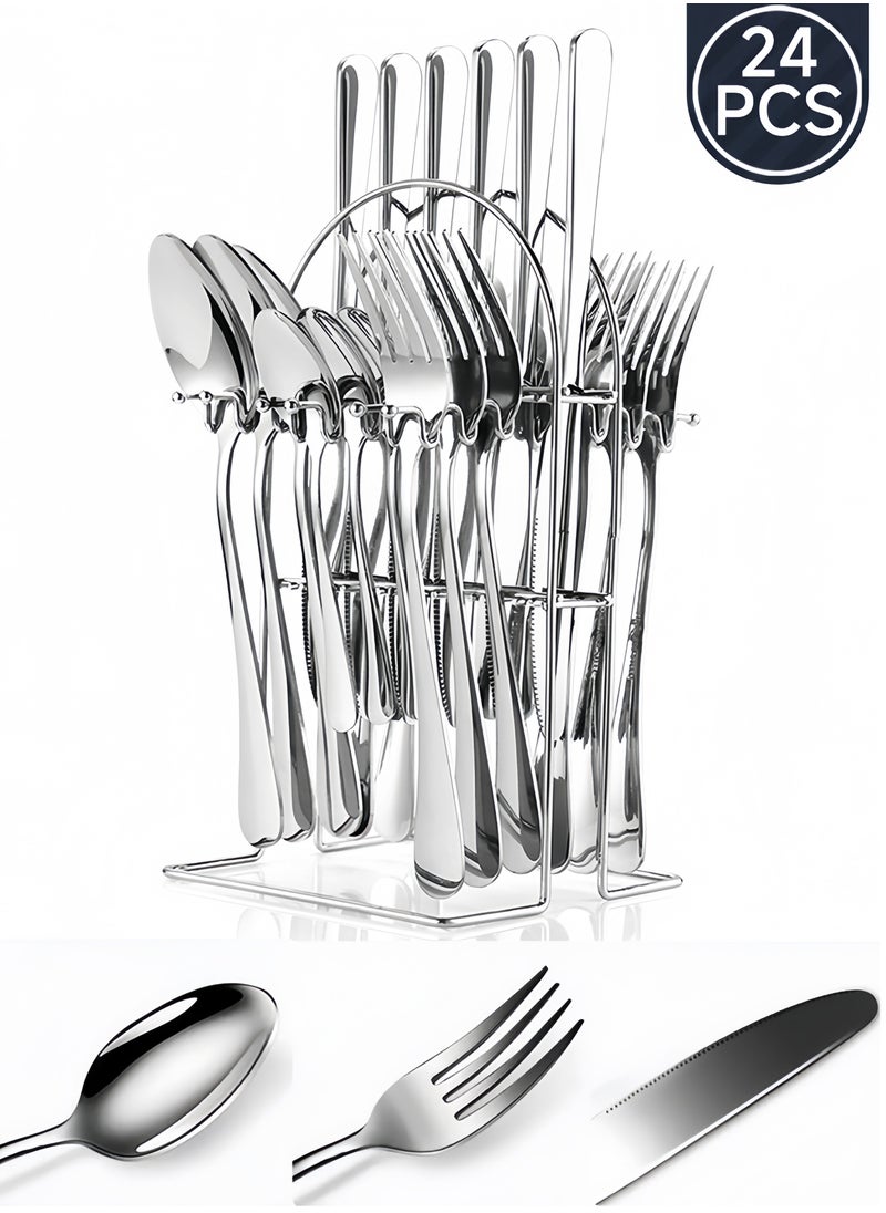 wowofa 24 Pieces Flatware Set with Holding Stand, Stainless Steel Cutlery Set Flatware Utensils Including Dinner Knife,Fork,Spoon Teaspoon and Holder Suitable for 6 people, household kitchen dining table utensils, dinner use, dishwasher safety  - Image 1