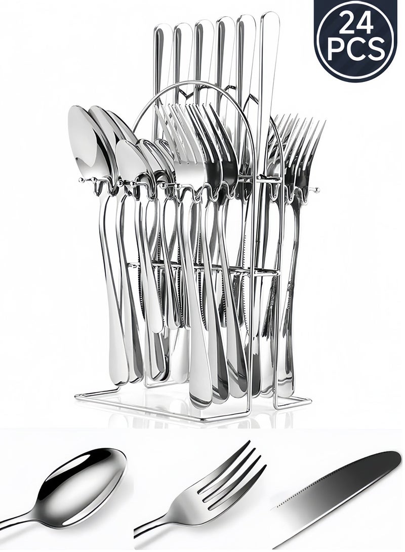 وفوفا 24 قطعة من الفولاذ المقاوم للصدأ مجموعة من أدوات الطعام مع عقد الوقوف SilverFlatware أدوات بما في ذلك سكين العشاء والشوكة وملعقة ملعقة شاية وحامل مناسبة لـ 6 أشخاص ، مطبخ منزلي أدوات طاولة الطعام ، استخدام العشاء ، سهلة التخزين ، سلامة غسالة الصحون - Image 4