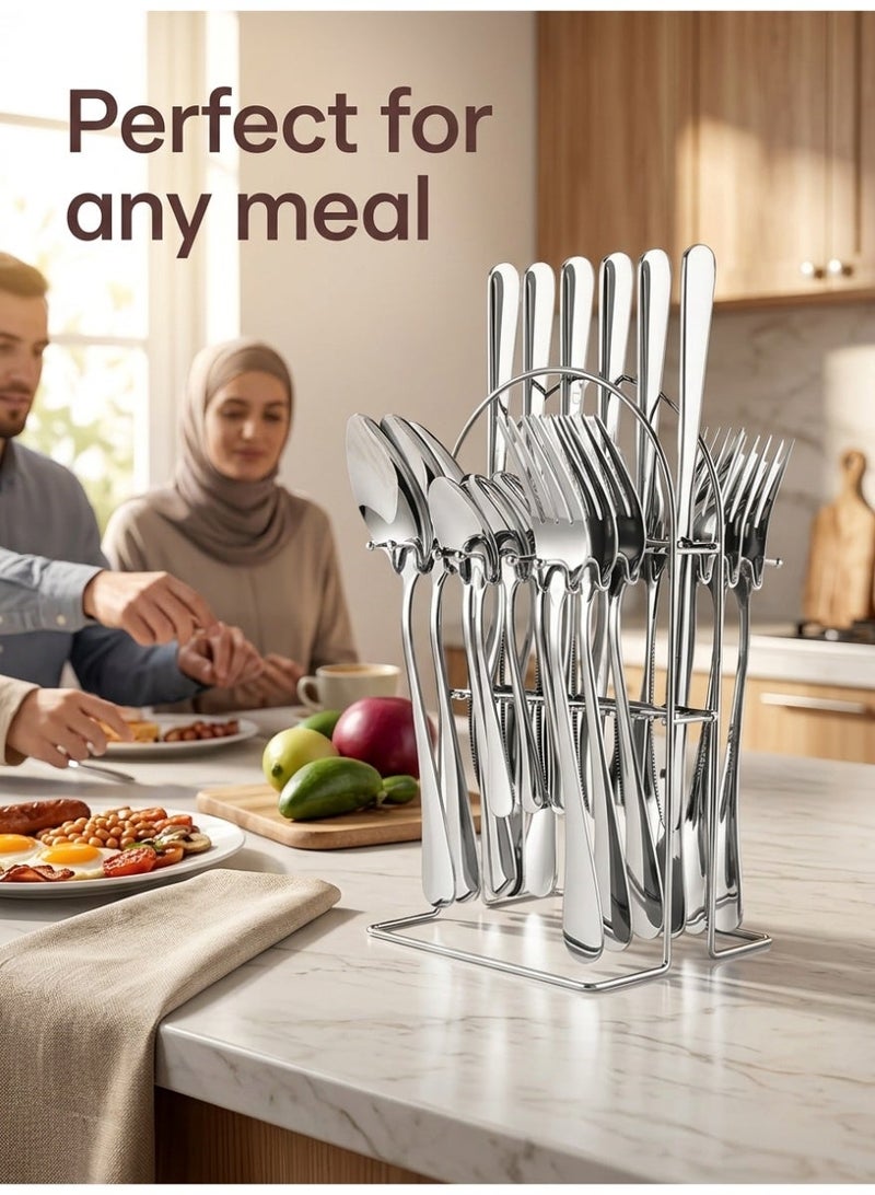 wowofa 24 Piece Silver Stainless Steel Cutlery Set with Stand for 6 People, Dinner Knife Fork Spoon Teaspoon, Dishwasher Safe, Kitchen Table Daily Use - Image 2