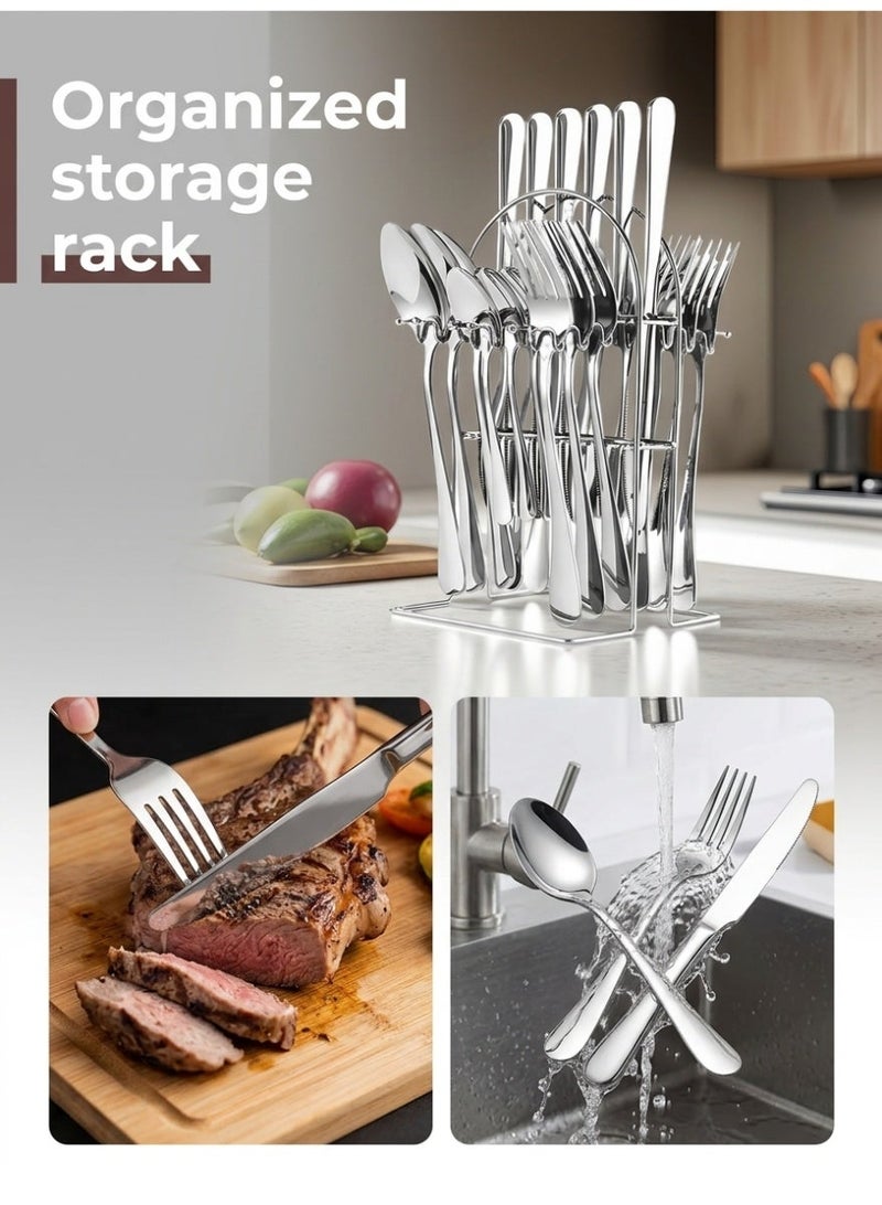 wowofa 24 Piece Silver Stainless Steel Cutlery Set with Stand for 6 People, Dinner Knife Fork Spoon Teaspoon, Dishwasher Safe, Kitchen Table Daily Use - Image 5