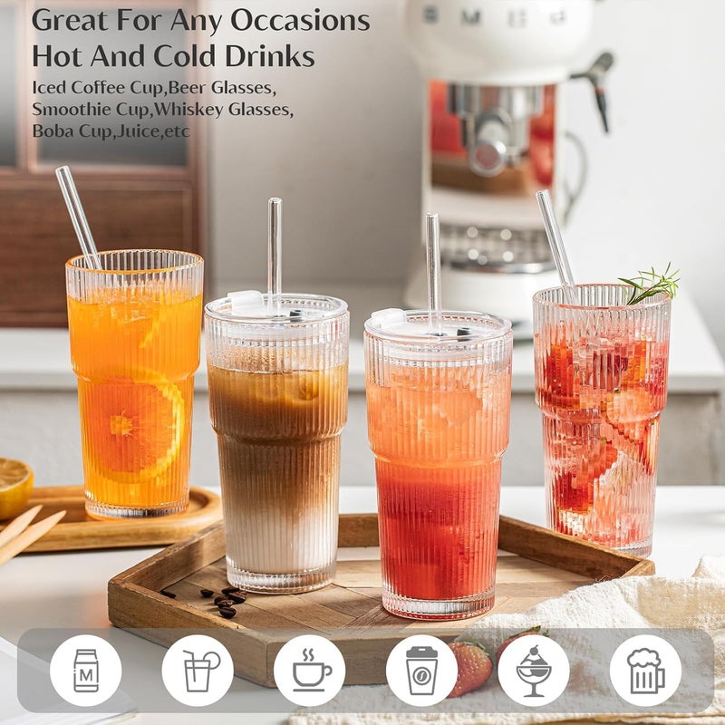 KELVEE Ribbed Glass Tumbler with Airtight Lid and Straw Pack of 1, 600ml Travel iced Coffee Sipper Mug for Juice Cocktail Green Tea Smoothie Hot Cold Drink Cup Home & Office (Lining) - Image 4