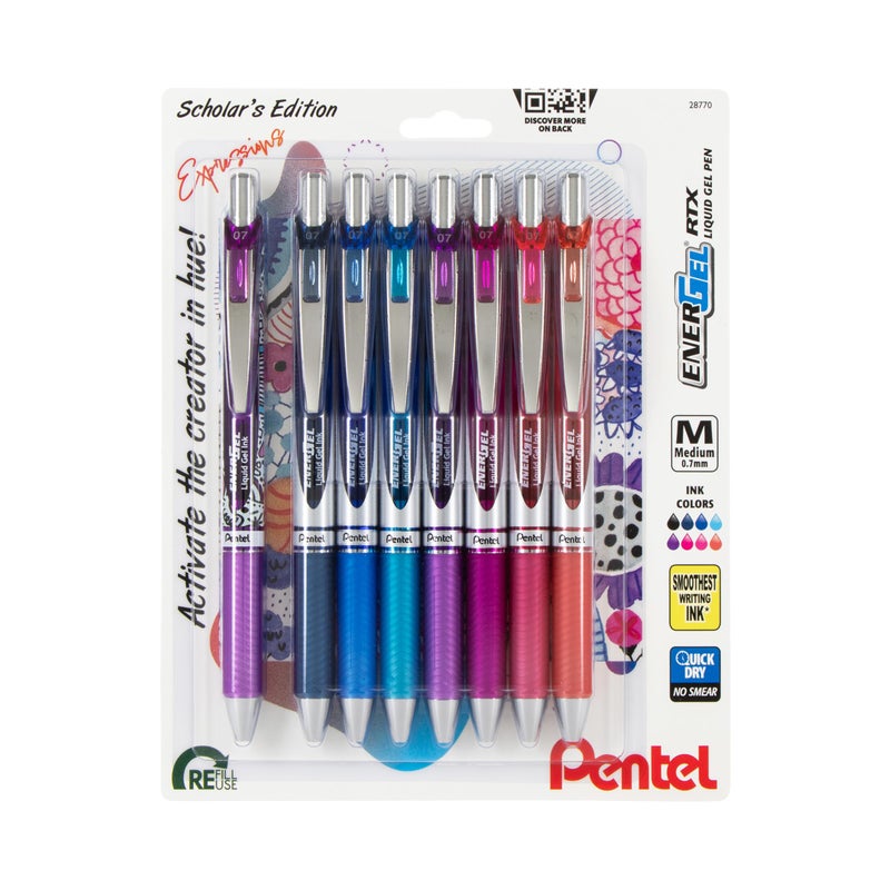 Pentel قلم جل سائل قابل للسحب من بنتل إينرجل، مجموعة تعبيرات المبدعين، 0.7 مم، طرف معدني، خط متوسط، حبر متنوع، عبوة من 8 أقلام (BL77XRIGBP8M) - Image 1