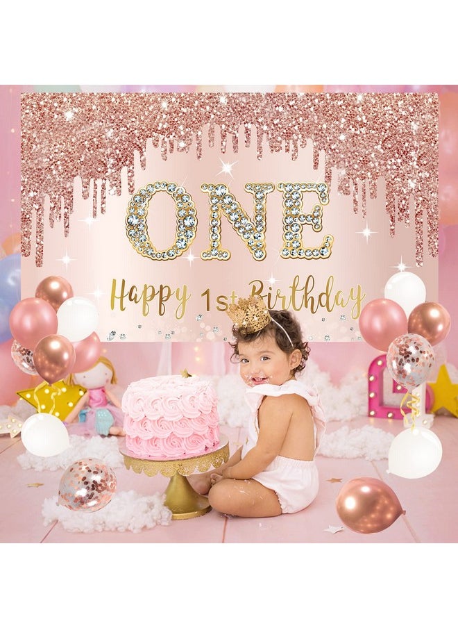 Bumqviy - Happy 1St Birthday Banner Backdrop Decorations With Confetti Balloon Garland Arch Rose Gold One Birthday Banner Balloon Set For Girls Pink 1 Year Old Bday Poster Photo Booth Decor - Image 1