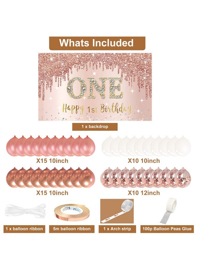 Bumqviy - Happy 1St Birthday Banner Backdrop Decorations With Confetti Balloon Garland Arch Rose Gold One Birthday Banner Balloon Set For Girls Pink 1 Year Old Bday Poster Photo Booth Decor - Image 1