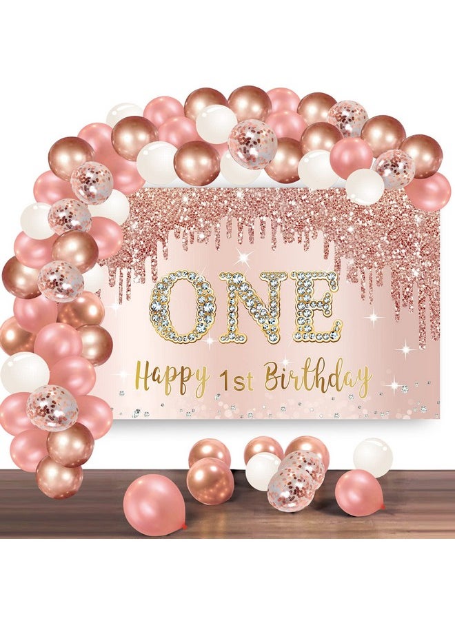 Bumqviy - Happy 1St Birthday Banner Backdrop Decorations With Confetti Balloon Garland Arch Rose Gold One Birthday Banner Balloon Set For Girls Pink 1 Year Old Bday Poster Photo Booth Decor - Image 1