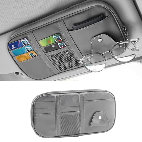 Couslcd Car Sun Visor Organizer MultiPocket PU Leather Sunglass Holder and Storage Pocket with Net Zipper Card Sleeve Pocket Organizer Auto Interior Accessories for Vehicle Truck SUV Gray - Image 1