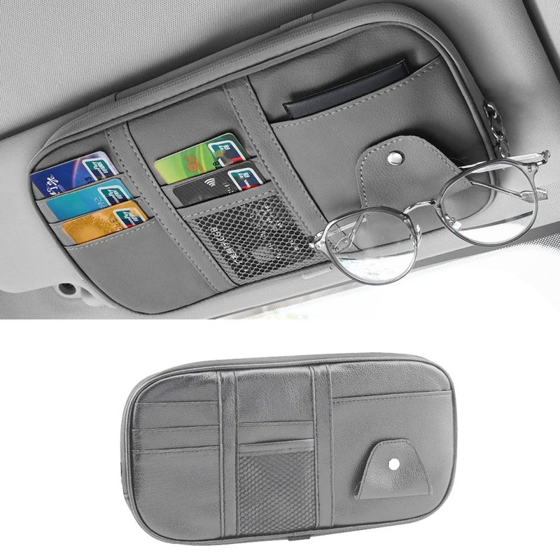 Couslcd Car Sun Visor Organizer MultiPocket PU Leather Sunglass Holder and Storage Pocket with Net Zipper Card Sleeve Pocket Organizer Auto Interior Accessories for Vehicle Truck SUV Gray - Image 3