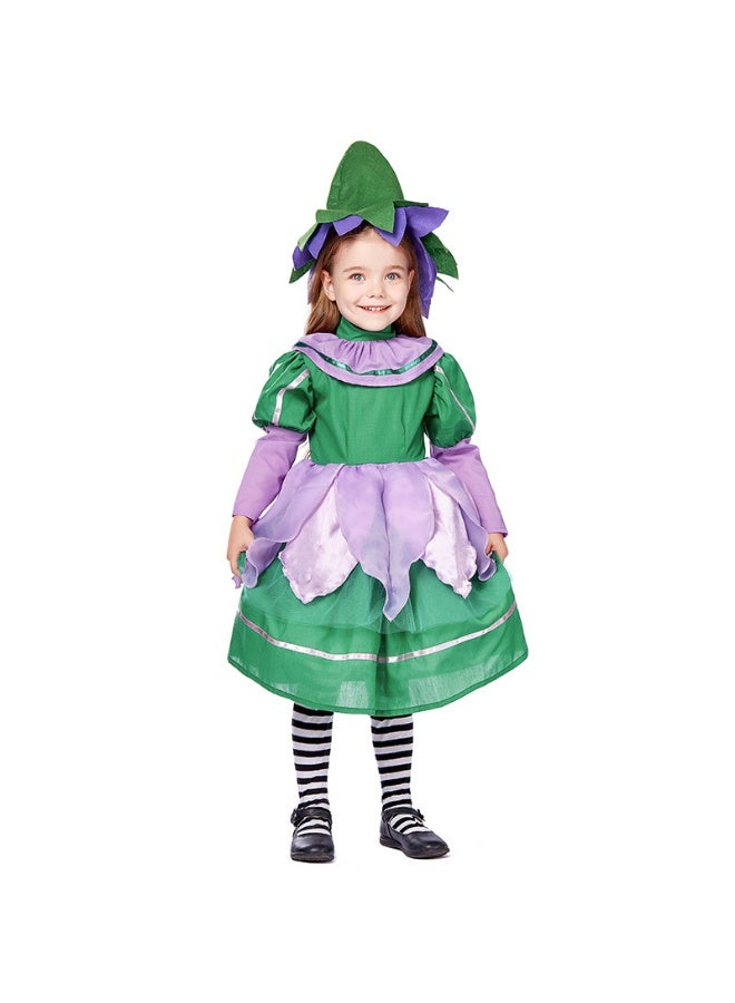 NIBEMINENT Halloween costume: Jungle goblin with puffed sleeves, green and purple dress, Flower fairy elf costume, multi-layered skirt hem, petal hat - Image 1