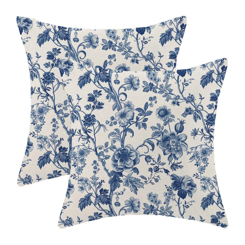 Sorktse Blue Floral Pillow Covers 18x18 Inch Set of 2 Vintage Navy Blue Floral Throw Pillows Spring Summer Flower Pillowcase Linen Outdoor Decorative Cushion Covers for Bed Sofa Couch - Image 1