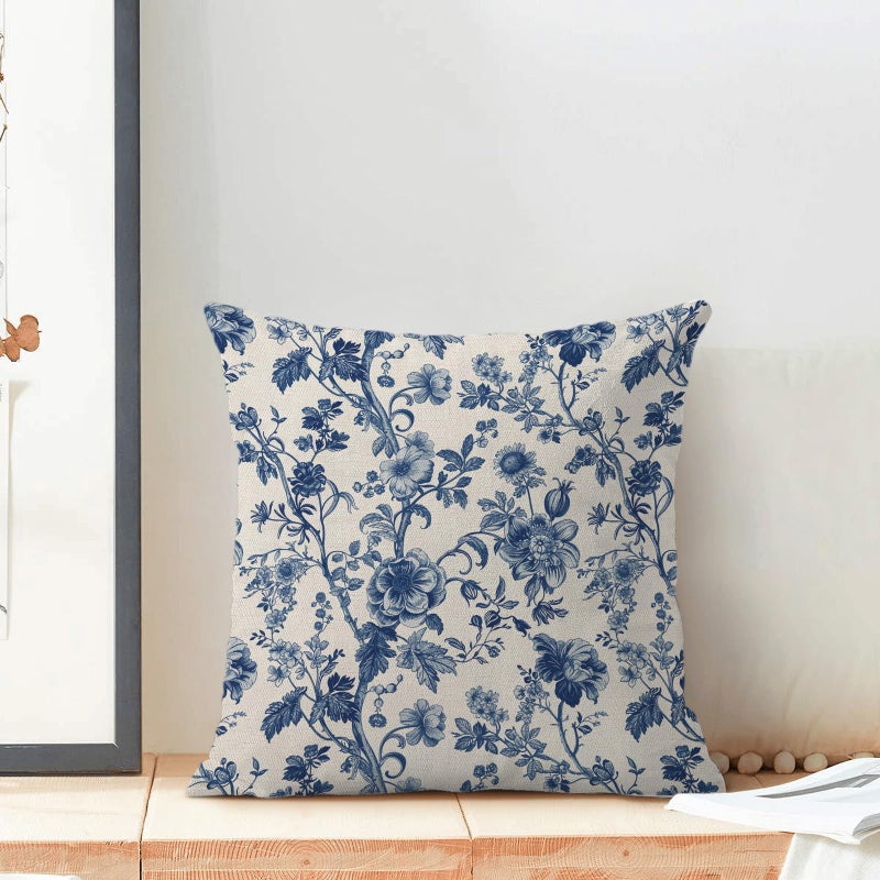Sorktse Blue Floral Pillow Covers 18x18 Inch Set of 2 Vintage Navy Blue Floral Throw Pillows Spring Summer Flower Pillowcase Linen Outdoor Decorative Cushion Covers for Bed Sofa Couch - Image 3
