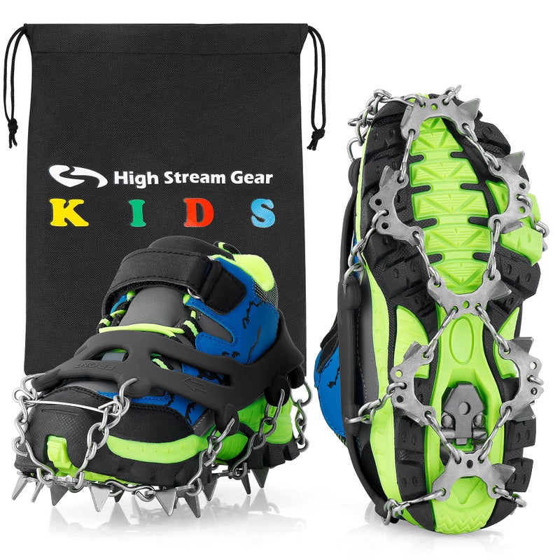 High Stream Gear Kids Ice Cleats - Snow Crampons for Hiking Boots & Shoes with 14 Stainless Steel Spikes (Black, Medium) - Image 1