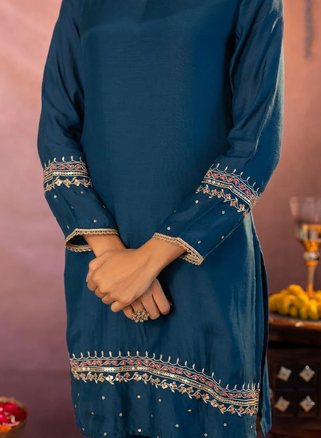Kasya  Teal Embroidered Tunic and Trousers Co-ords for Women | Best Price UAE