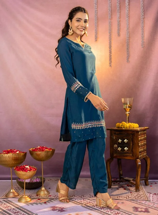 KASYA Teal Embroidered Tunic and Trousers Co-ords