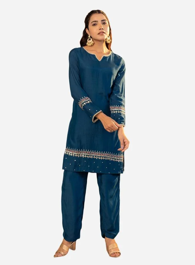 KASYA Teal Embroidered Tunic and Trousers Co-ords