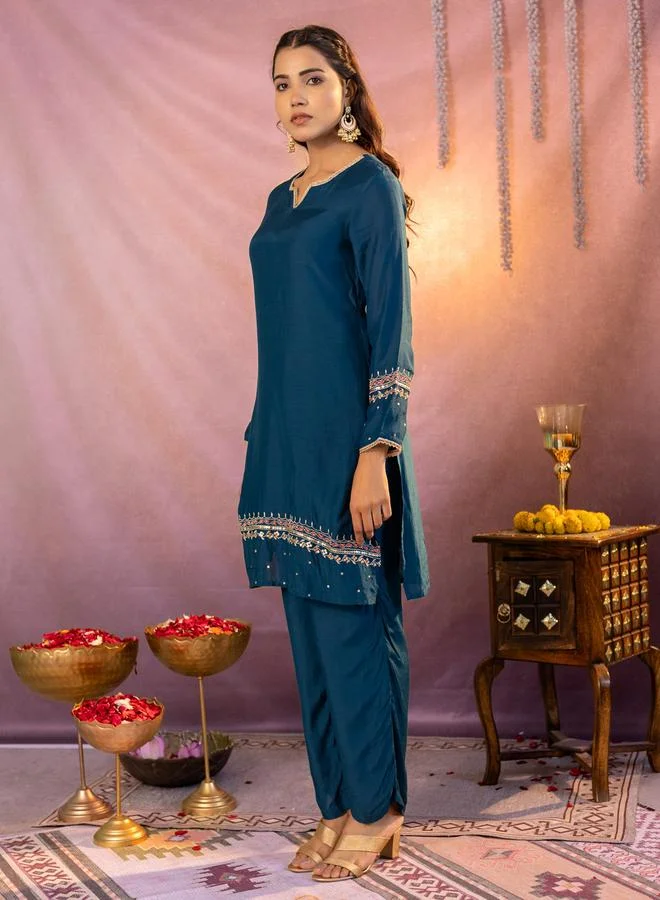 Kasya  Teal Embroidered Tunic and Trousers Co-ords for Women | Best Price UAE