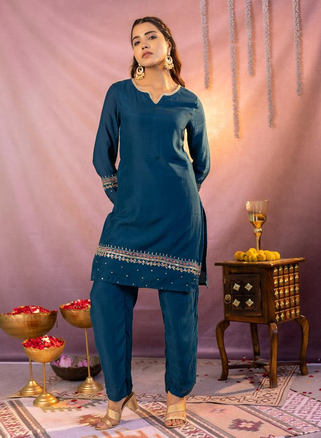 KASYA Teal Embroidered Tunic and Trousers Co-ords - Image 3