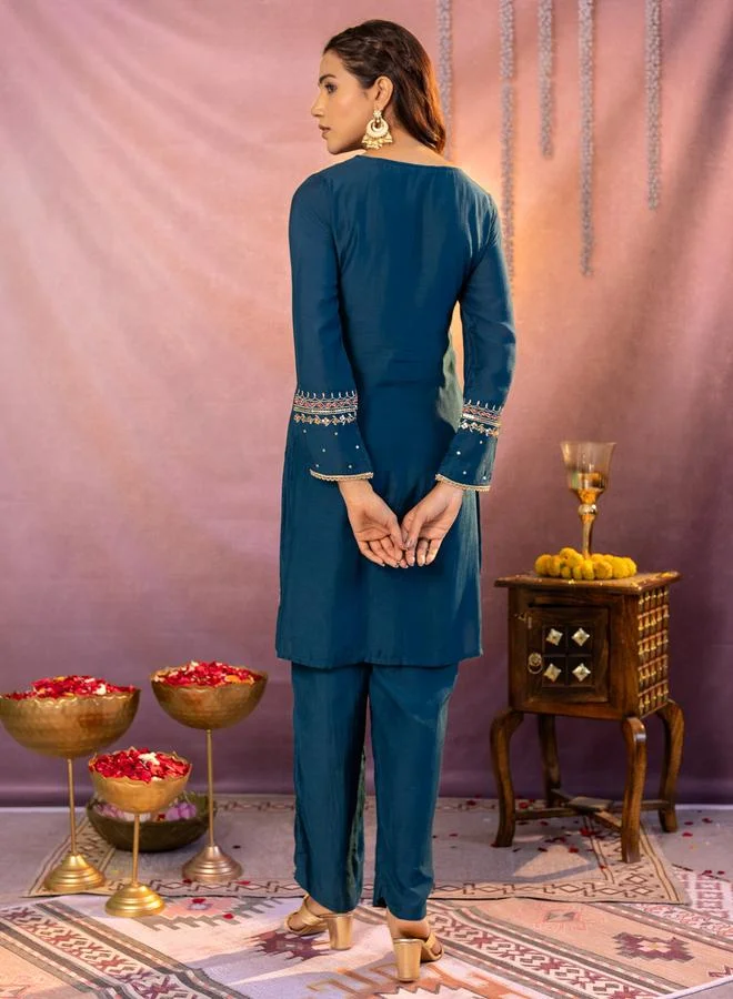 Kasya  Teal Embroidered Tunic and Trousers Co-ords for Women | Best Price UAE