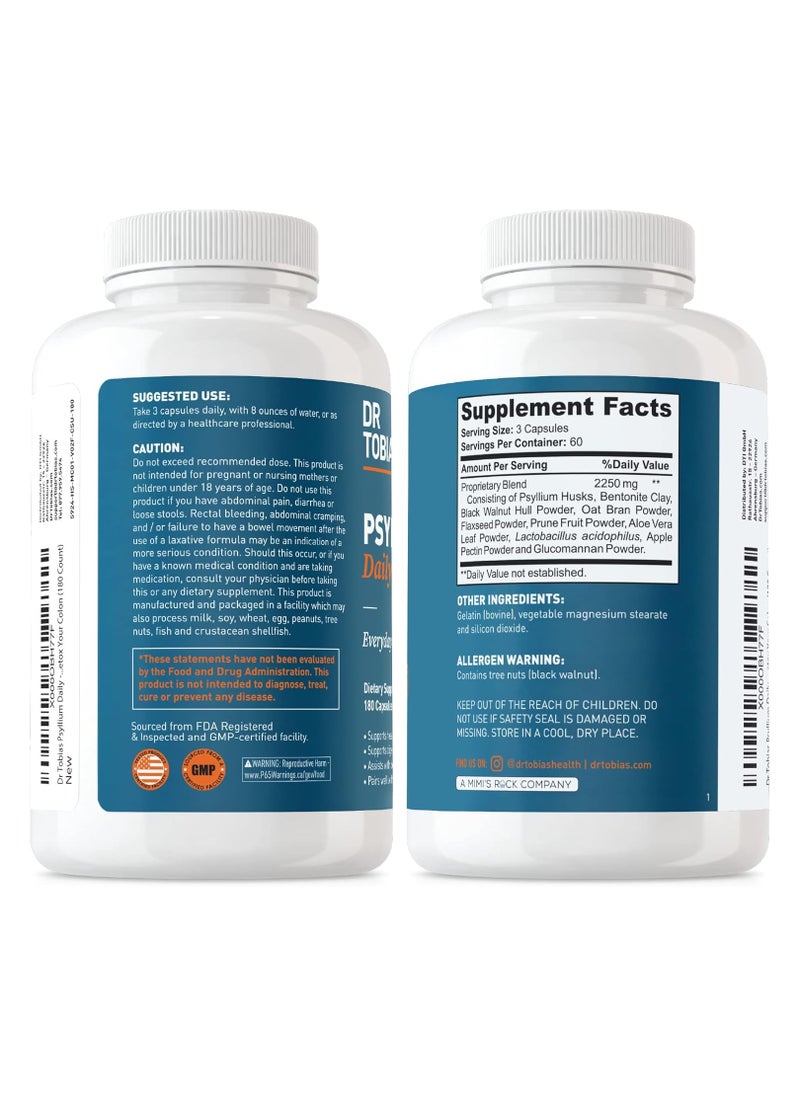 Dr. Tobias - Psyllium Daily, Everyday Colon Care, Dietary Supplement, 180 Capsules (60 Day Supply) - Image 1