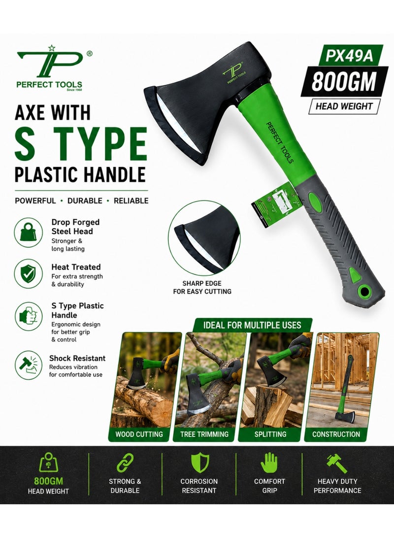 Perfect Tools PX49A 800GM S-Type Axe with Ergonomic Plastic Handle | Drop Forged Steel Head | Heavy Duty Wood Cutting & Splitting Axe - Image 1