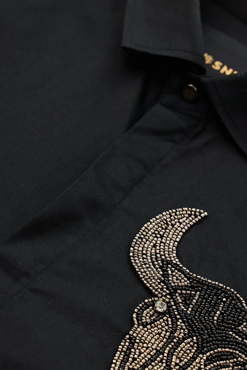 SNITCH Black Embellished Long Sleeve Slim Fit Formal Luxe Shirt