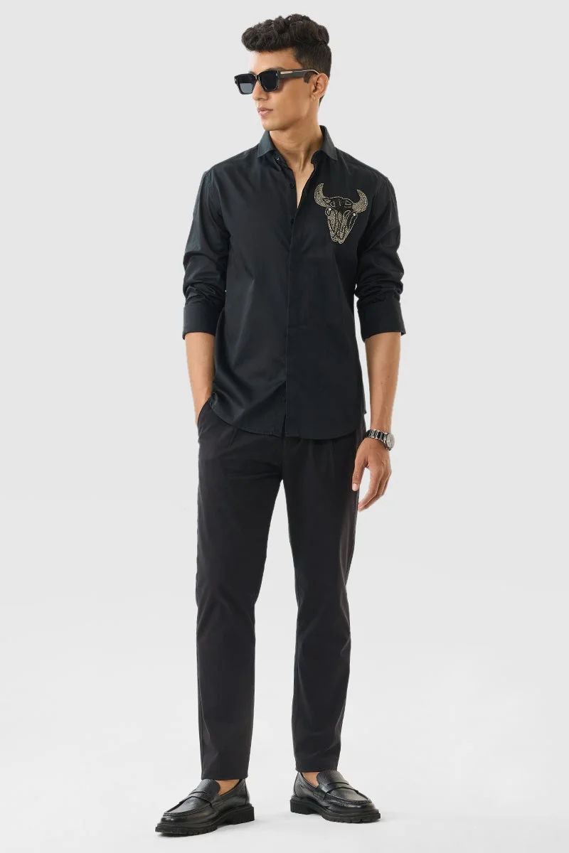 SNITCH Black Embellished Long Sleeve Slim Fit Formal Luxe Shirt