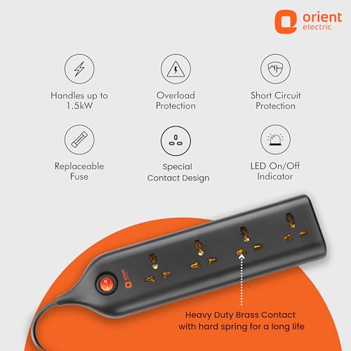 Orient Electric 240V 6A Four-Way Extension Board with Wire - 2 Metre with Overload and Short Circuit Protection (Black) - Image 4