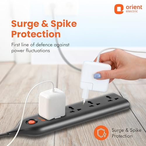 Orient Electric 240V 6A Four-Way Extension Board with Wire - 2 Metre with Overload and Short Circuit Protection (Black) - Image 3