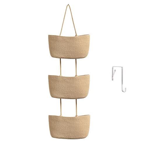 TeoKJ Over the Door Hanging Basket 3Tier Woven Cotton WallMounted Storage Organizer Bag Decorative Hanging Nursery Baskets  Jute