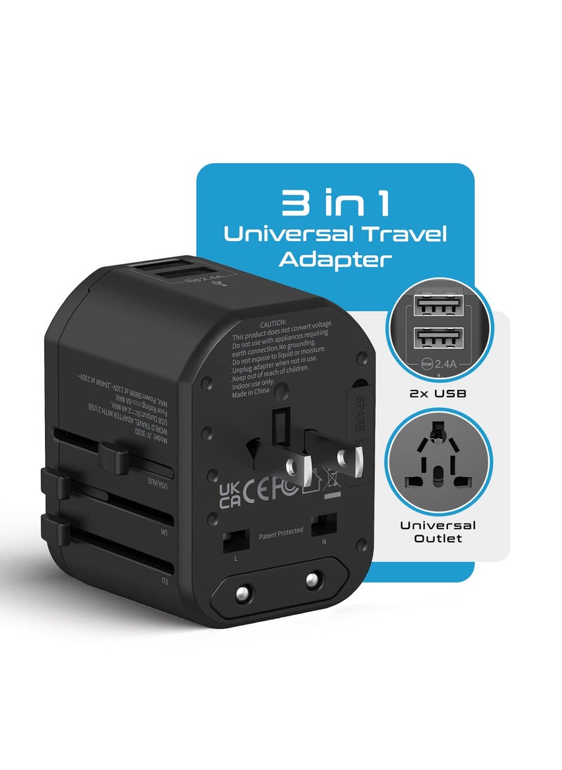 Ceptics Ceptics Universal Travel Adapter 3 in 1 Worldwide Travel Adapter Universal Plug Socket and 2 x USB with 24A International Travel Adapter  - Image 2