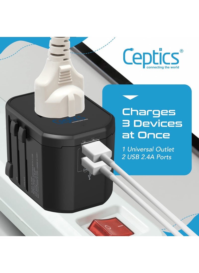 Ceptics Ceptics Universal Travel Adapter 3 in 1 Worldwide Travel Adapter Universal Plug Socket and 2 x USB with 24A International Travel Adapter  - Image 4