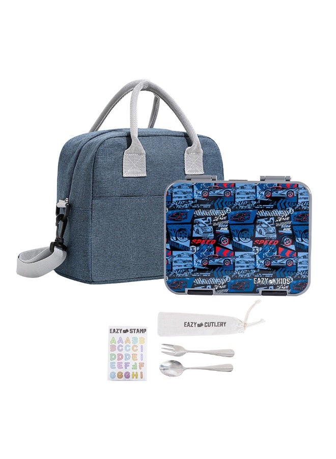 Eazy Kids 6 & 4 Convertible Bento Lunch Box w/ Lunch Bag, Steel Spoon & Fork Set and Alphabets Sticker - Car Racing Blue - Image 1