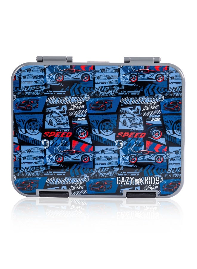 Eazy Kids 6 & 4 Convertible Bento Lunch Box w/ Lunch Bag, Steel Spoon & Fork Set and Alphabets Sticker - Car Racing Blue - Image 5