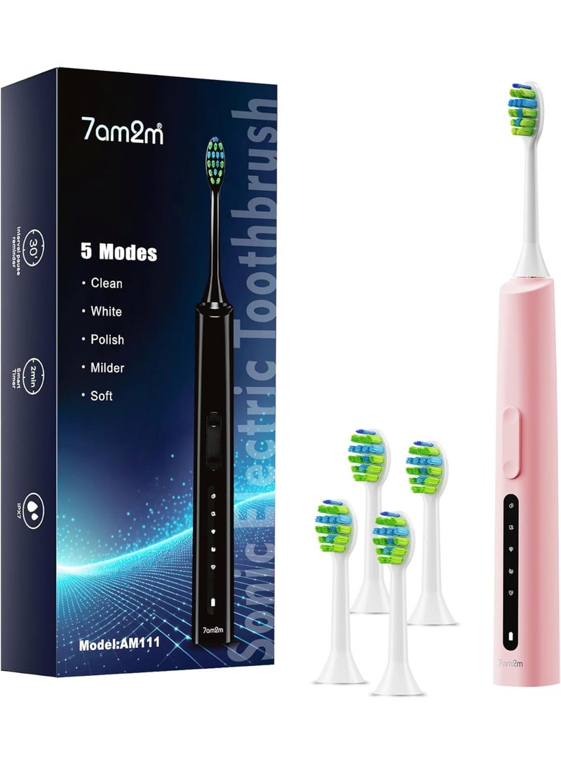 فرشاة أسنان كهربائية صوتية 7AM2M للبالغين والأطفال، 40000 دورة في الدقيقة، فرشاة قابلة لإعادة الشحن، 5 أوضاع، مع 4 رؤوس فرشاة، مؤقت ذكي مدمج لمدة دقيقتين، شحنة واحدة تدوم 60 يومًا (وردي) 